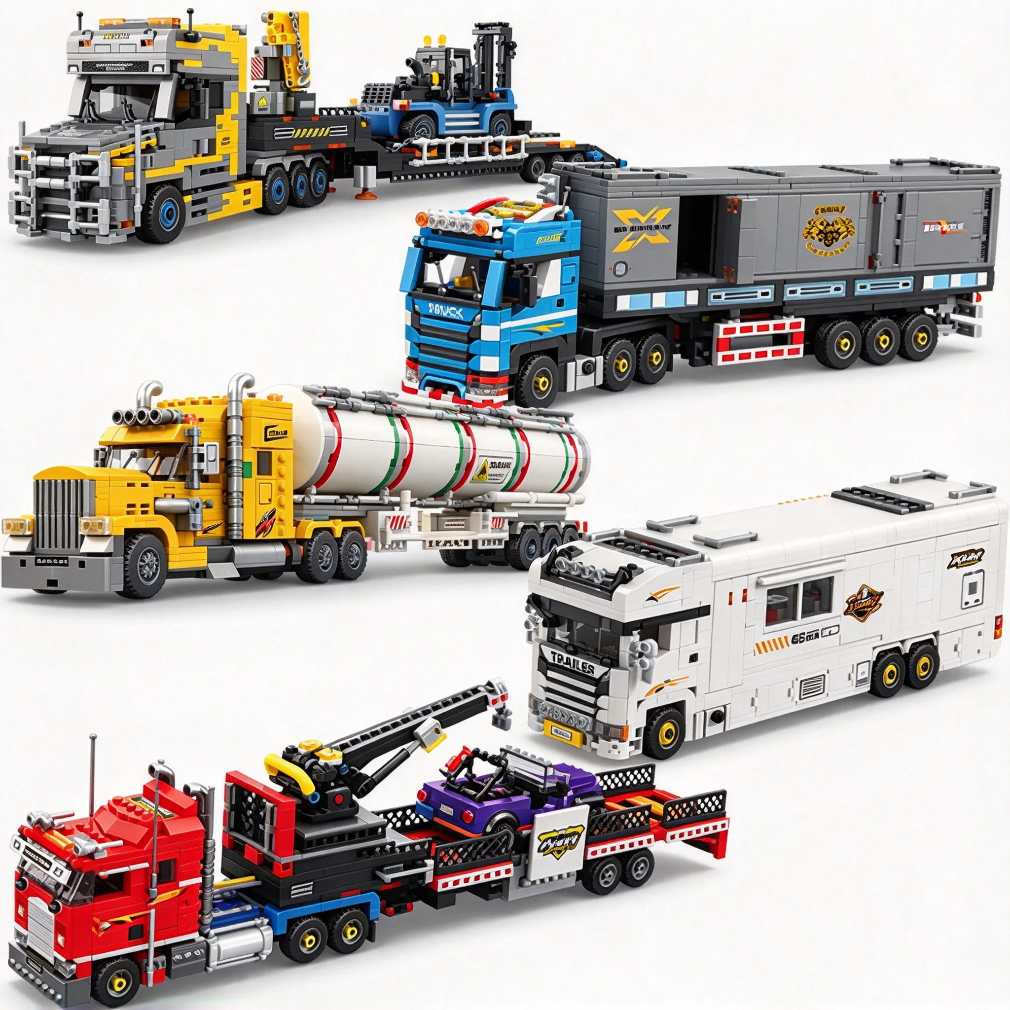 Heavy Truck Series Building Block Container Semi-Trailer Tanker Tow Truck RV Camper DIY Bricks Model Toy Gift for Adults Teens
