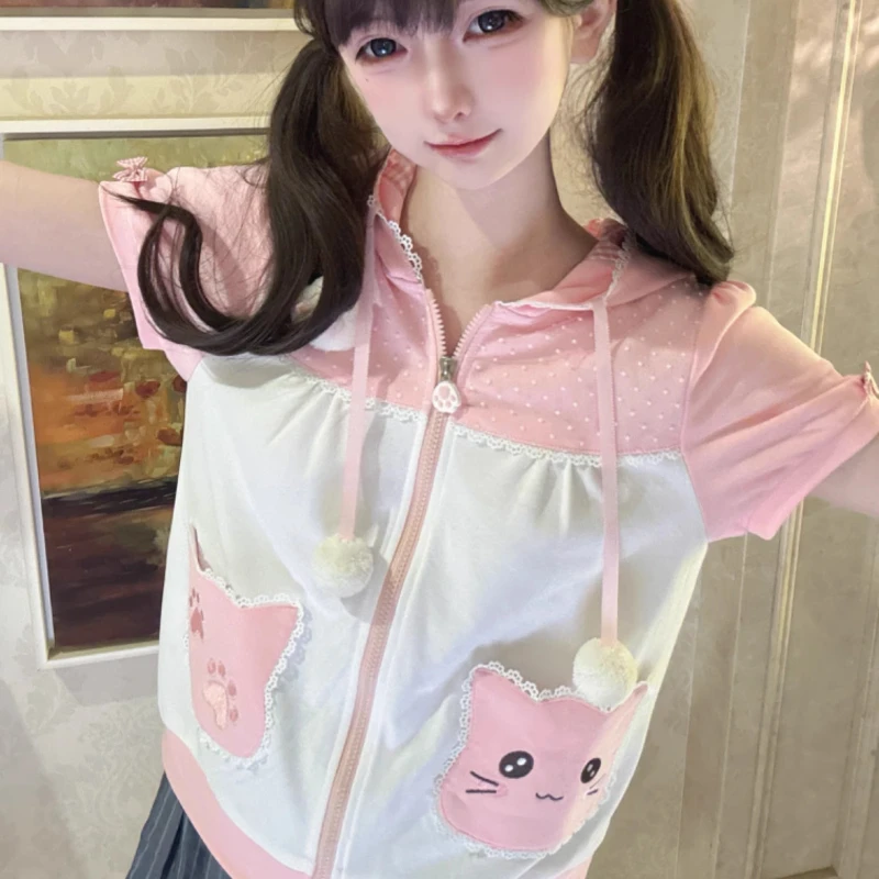 Original Summer Women's Clothing Cartoon Printing Pink White Splicing Bubble Sleeve Hooded Top Bow Sweet Versatile Female Coat