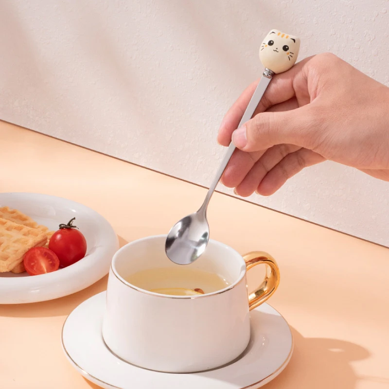 Coffee And Dessert Spoons Flatware Kitchen Tools Stainless Steel Long Cat Handle Ceramic Spoon Ice Cream Cartoon Stirring Spoon