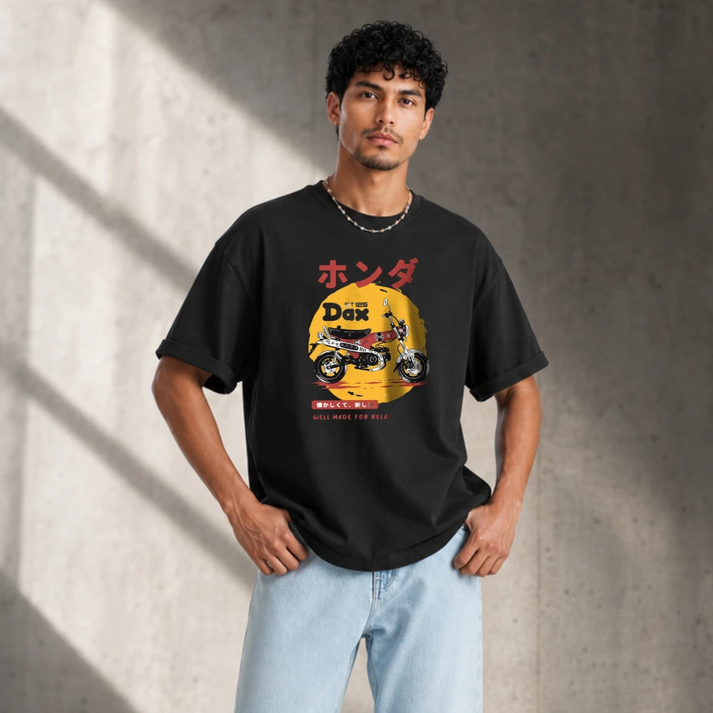 Retro Bike Art Graphic Premium Cotton Fit Short Sleeve Hand Painted Motorcycle Tee for Riding Enthusiasts Harajuku Men Clothing