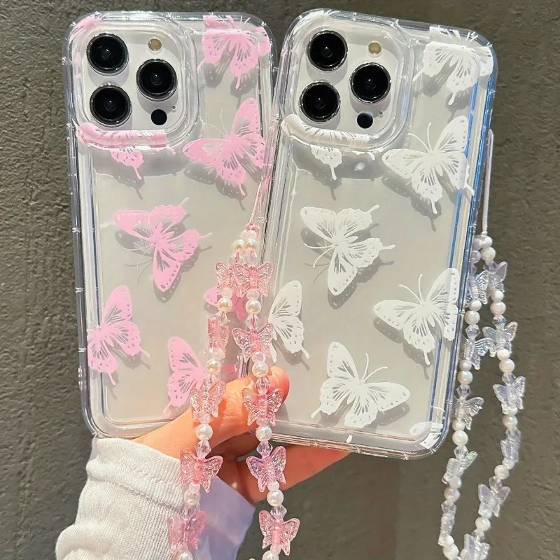 Butterfly Pattern Phone Case For iPhone 17 Air 16 15 14 13 12 11 Pro Max 16E X XR XS Max 7 8 Plus Transparent Cover With Lanyard