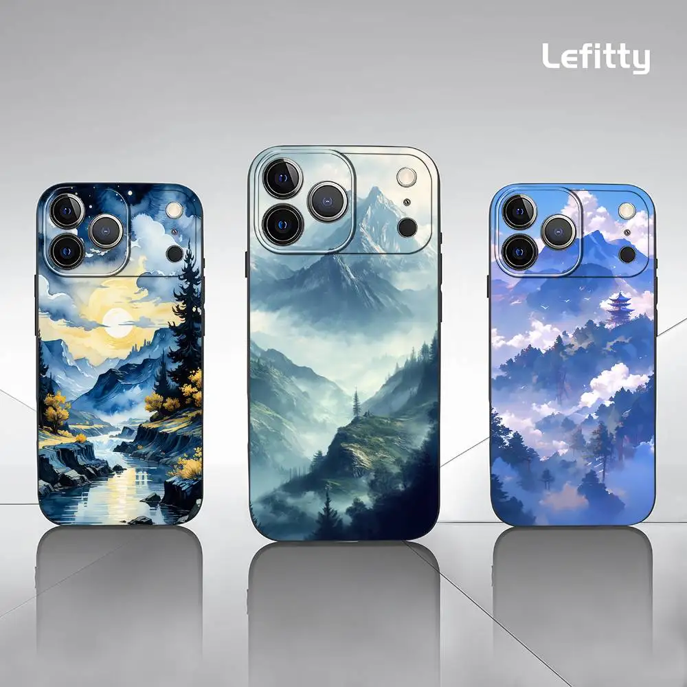 Berg Landschaft Malerei Telefon Fall Für iPhone 17 16 15 14 13 12 11 Pro Max Plus Mini Schwarz Matt Soft Shell Funda