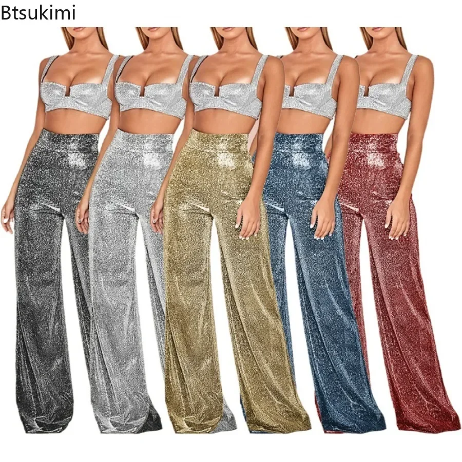 New 2026 Women's Summer Pants Shiny Solid Color High Waist Lady Trousers Spring Autumn Temperament Wide Leg Trousers Daily Wear