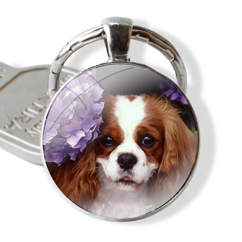 Keychain Handmade Glass Cabochon Key Ring Holder Pendant Key Chains Cute Cavalier King Charles Spaniel Dog