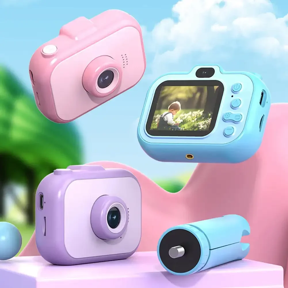 Kamera Digital lensa ganda anak-anak, 1080P layar IPS 2.0 inci dengan tali leher Tripod hadiah Natal ulang tahun