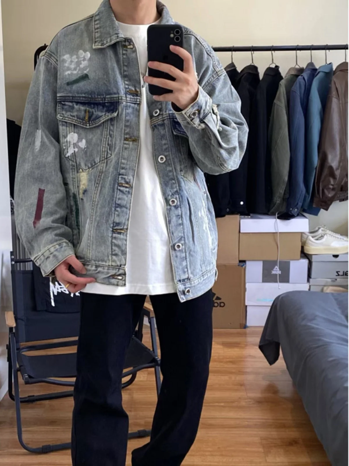 

Мужское джинсовое пальто свободного кроя Jaet fiti Waed, винтажное рабочее пальто, длинный свек, отложной воротник, обычная длина, весна-осень...