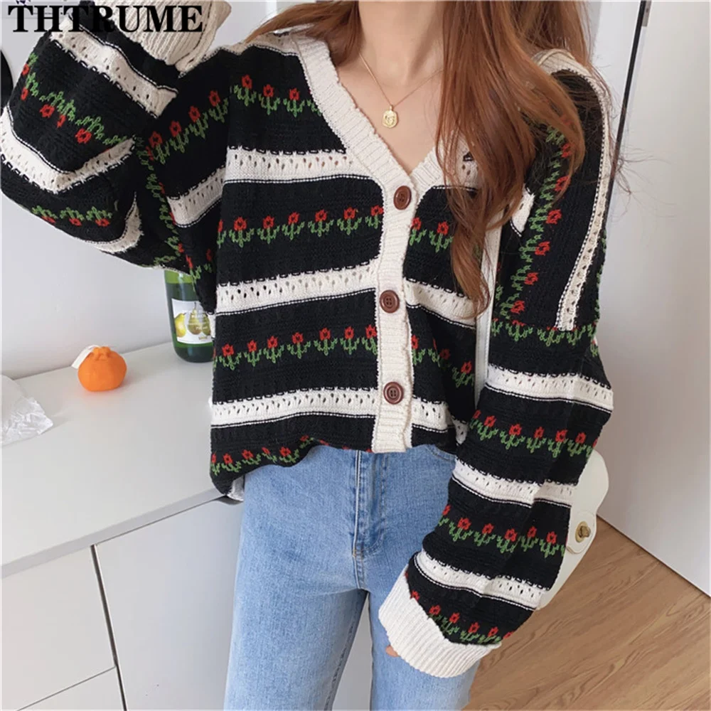 Casual Autumn Winter Sweaters Fashion Women Floral Print Single Breasted Knit Chic Jumpers Tops Elegant Sweet Loose Cardigans