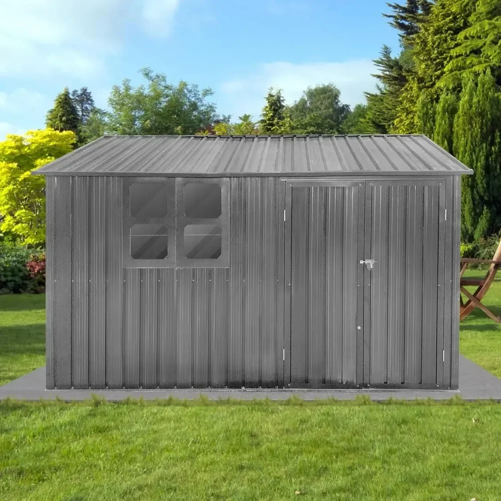 

10 x 8FT Outdoor Storage Shed with Window, Hinged Lockable Door, Padlock & Punched Vents, Metal Shed Storage House