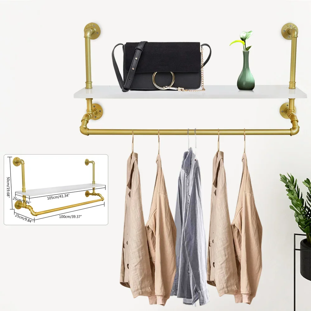 Gold Clothes Rack Wall Mounted Industrial Pipe Garment Rack With Shelves Closet Rods For Living Room Studio