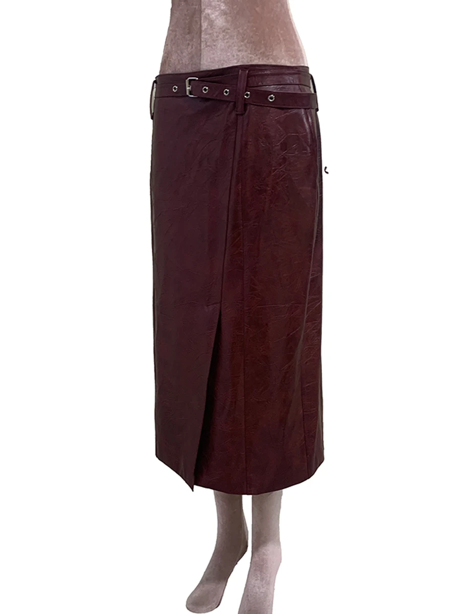 Nerazzurri Summer Autumn Dark Burgundy Pu Leather Pencil Skirt Women Belt Front Slit Elegant Chic Luxury Designer Clothes 2026