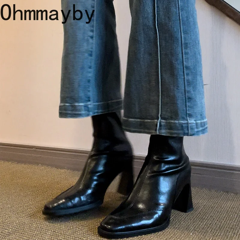 Vintage High Heel Women Ankle Boots Fashion Square Toe Short Booties Autumn Winter Ladies Shoes Botas Mujer image 2