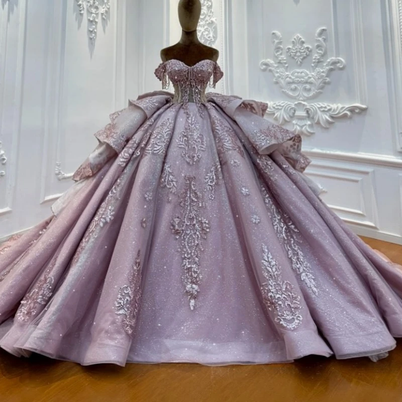 

Pink Shiny Quinceanera Dresses Off The Shoulder Sequin Applique Lace Beading Crystal Bow Tull Party Birthday Sweet 16 Dress Vest