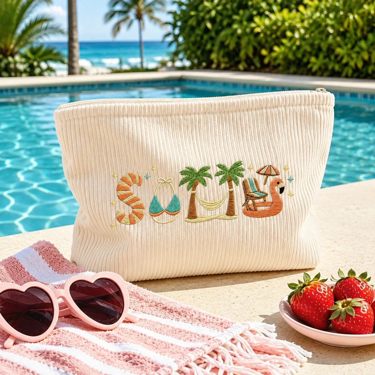 Printing Cosmetic Bag Ribbed Corduroy Makeup Pouch Tropical Resort Toiletry Organizer Zipper Beauty Storage Case