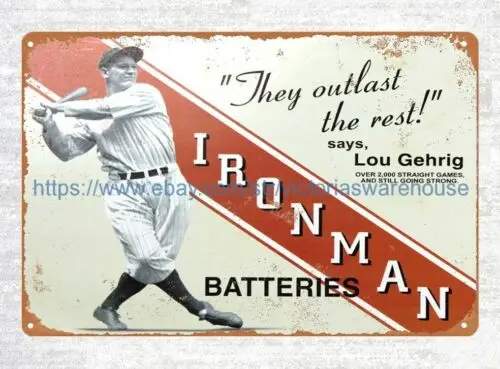 Lou Gehrig baseball player  batterries advertising tin sign wall decor