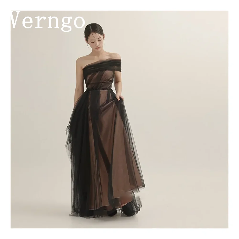 Verngo Black Tulle Prom Gown Simple A Line Evening Dress 2024 Women One Shoulder Party Dress Korea Prom Dress