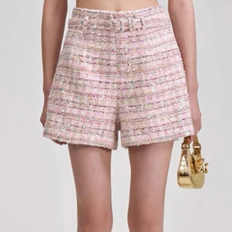 

Runway Designer Sequined Tweed Shorts Women High Waist Slim Small Fragrance Pink Plaid Wide Legs Straight Suit Shorts with.belt