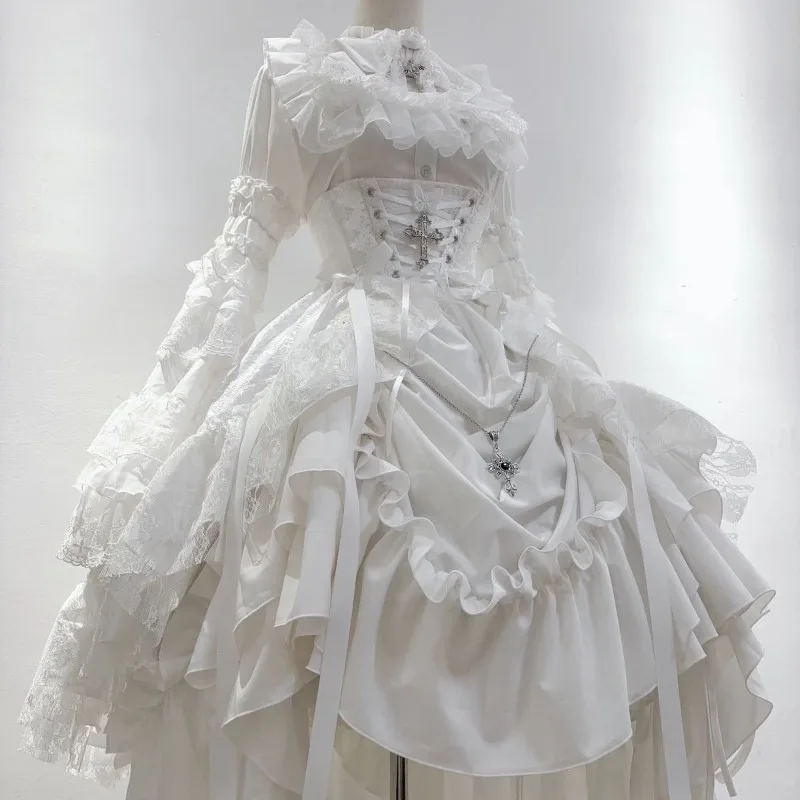 

Gorgeous Gothic Lolita Dress Long Sleeve Shirt High Waist Belt Skirt Elegant Suit High Lace Bow Y2k Lolita Tea Party 3Piece Sets