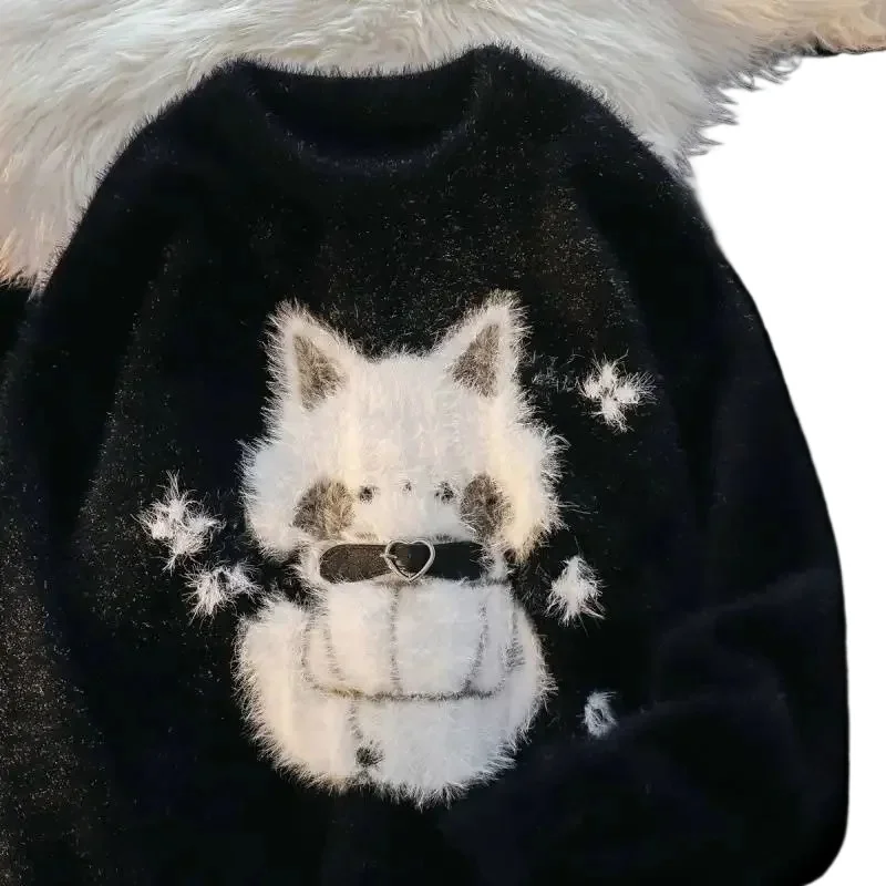 

Винтажный мягкий и уютный плюшевый свитер с изображением кота для мужчин и женщин, осенне-зимний, на подкладке, свободного кроя, в стиле «ленивый шик», вязаная куртка