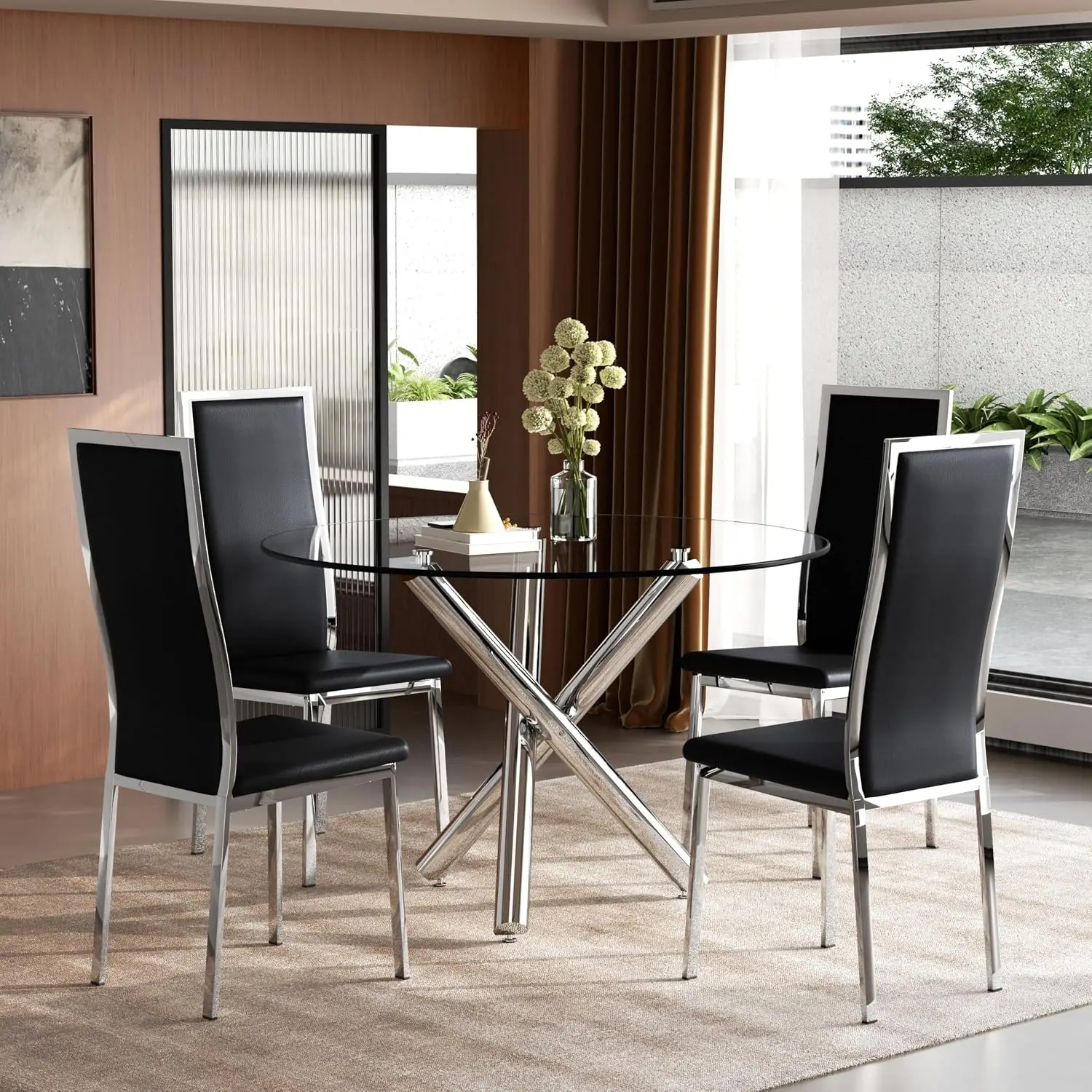 5-Piece Luxury Round Glass Dining Table Set, 39'' Modern Tempered Glass Kitchen Table Set Silver Base & 4 Black, Customized