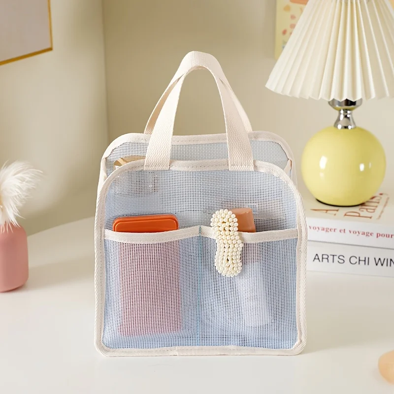 Portable Large Capacity Mesh Makeup Bag Solid Color Lightweight Cosmetic Organizer Bag Handheld Toiletry Storage Bag