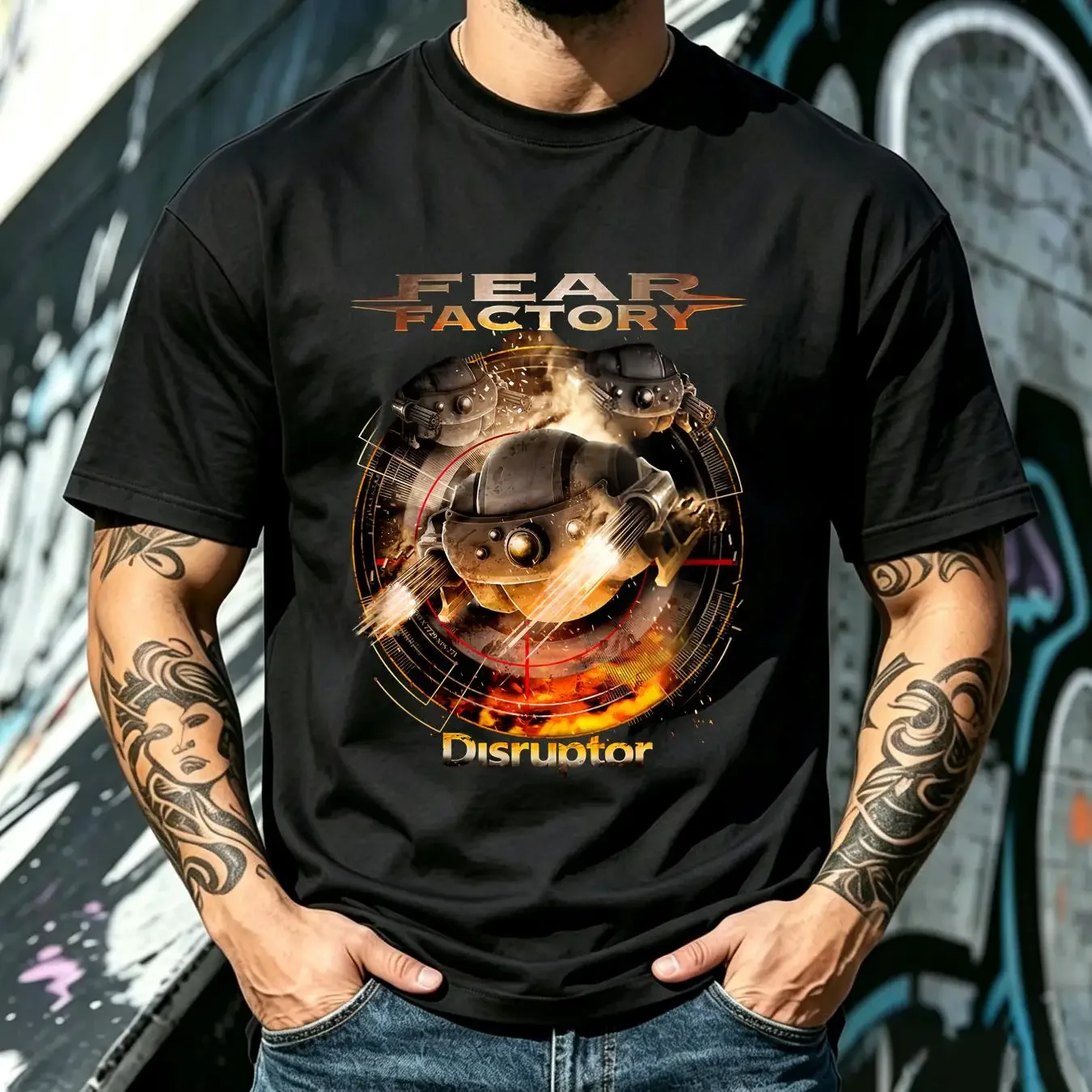 washed T Shirt Fear Factory 'Disruptor' Black NEW OFFICIAL vintage Washed Comfortable streetwear Unisex Casual Versatile
