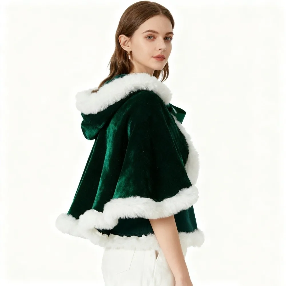Simple Polyester Christmas Hooded Cloak Thick Women Ponchos Windproof Warm Santa Claus Costume Adult