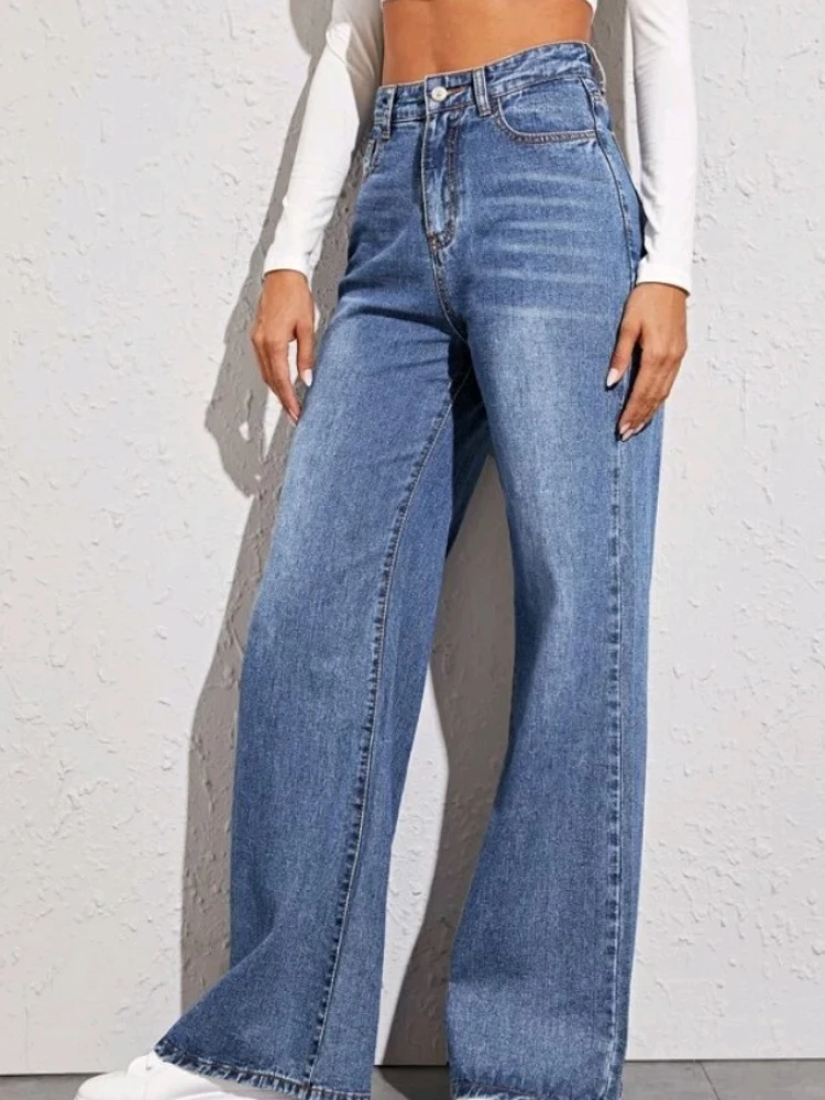 Women Denim Wide Leg Pants Jeans Washing Loose High Waist Pockets Zipper Fly Solid Ankle Length Basics 2024 Distressed