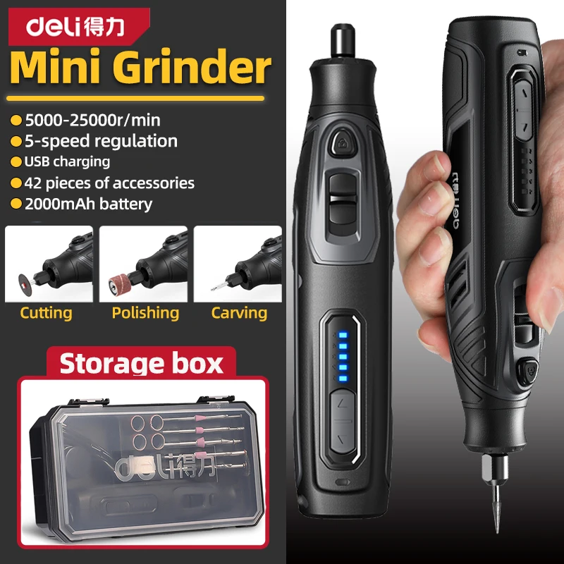 

DELI 25000r/min Rotary Tool Cordless Mini Drill Engraving Grinding Polishing Machine USB Charger Variable Speed Power Tools Set