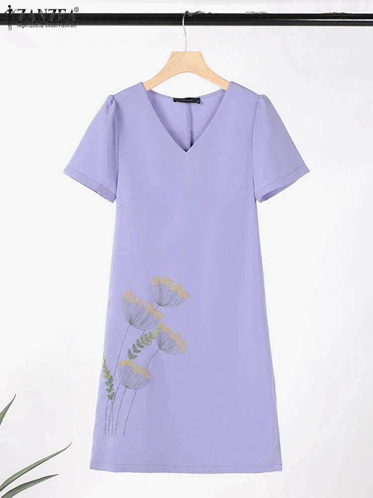 ZANZEA Summer V Neck Short Sleeve Dress Vintage Party Holiday Knee-length Vestido Robe Femme Women Floral Embroidery Sundress