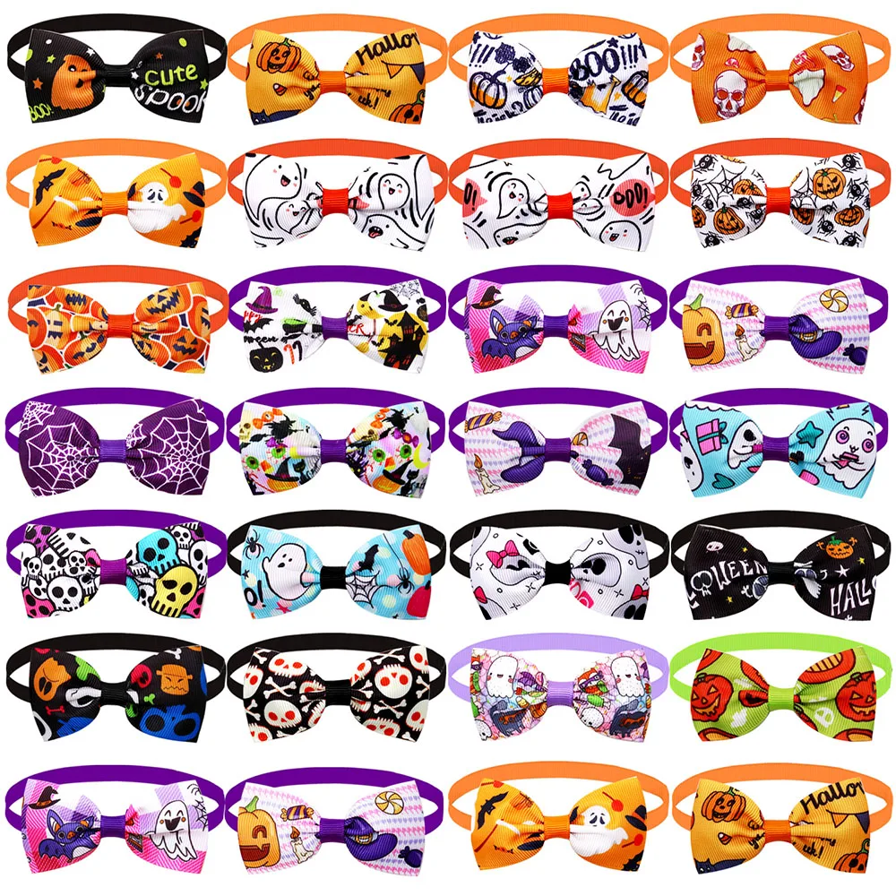 50PCS Halloween Bow Tie Dogs Bowknot Adjustable Skull Small Dog Cat Bowties Neckties For Dogs Pets Grooming Accessories