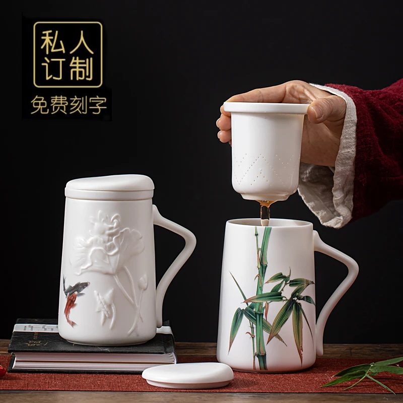 Mug with Lid Large Capacity Letter Creative Ceramic Water Cup Tea Cup Office Cup Customized Mutton Fat Jade Overglazed Color