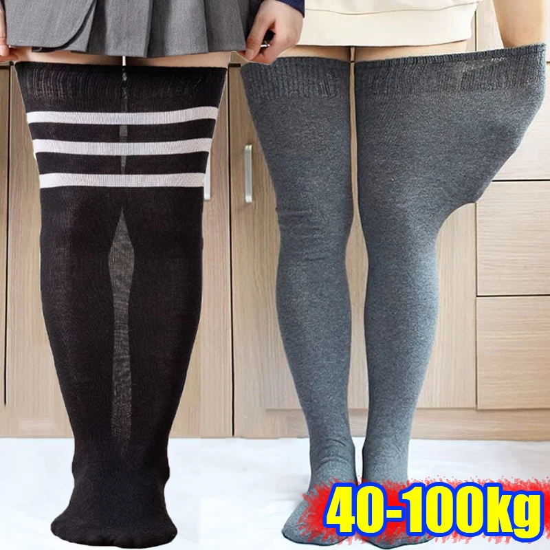 

Plus Size Knitted Long Stockings Women Sexy Black White Striped Thigh High Thighs Socks Soild Over The Knee Hosiery Clothing