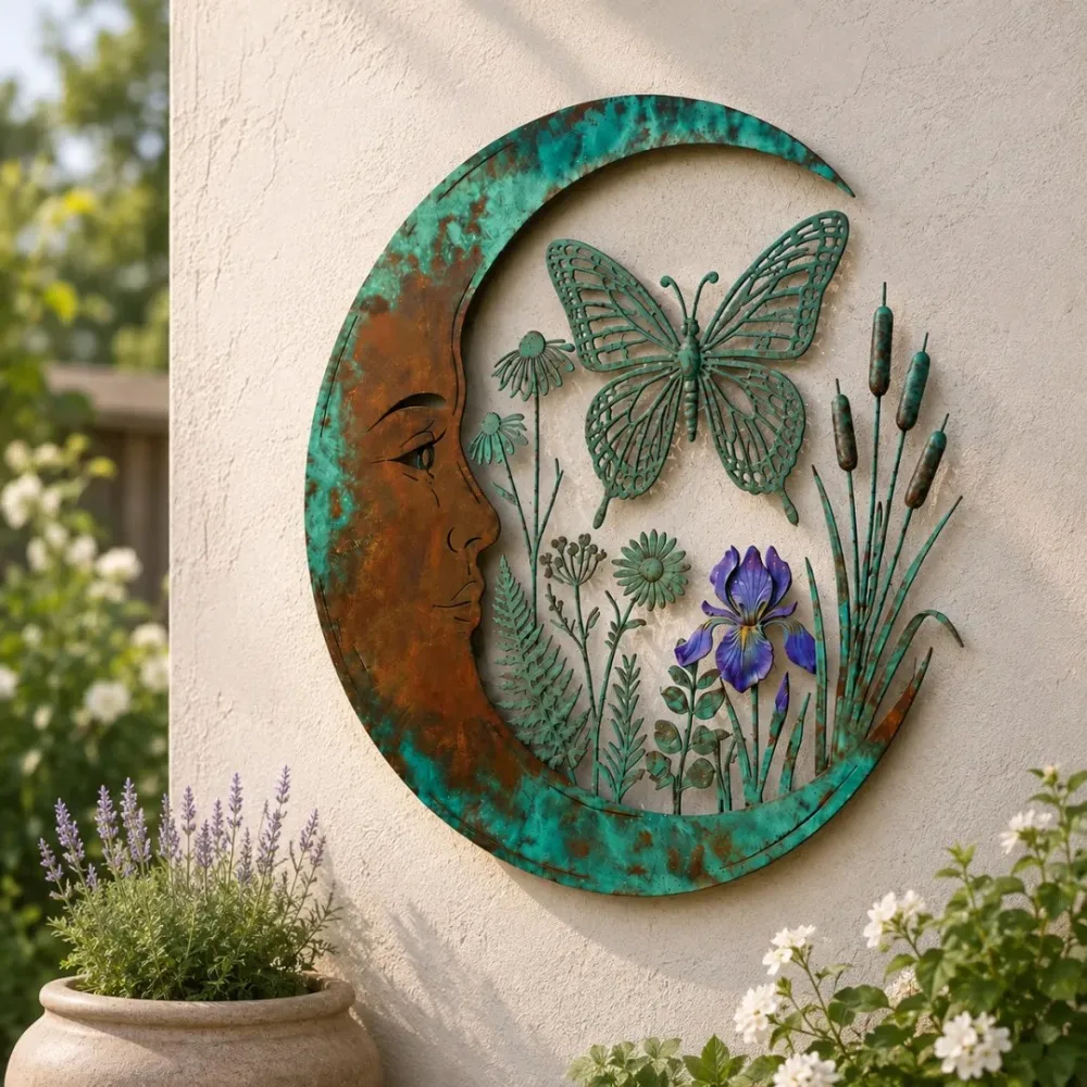 3D Moon Fairy Wall Decor Garden Decor Distressed Finish Dragonfly Bee Wall Art Hummingbird Floral Wildflower Design