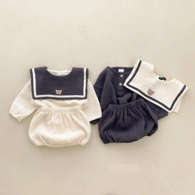 

2024 Autumn New Infant Girl Navy Collar Shirts + Shorts + Bib 3pcs Suit Cute Bear Print Baby Long Sleeve Clothes Set Boy Outfits