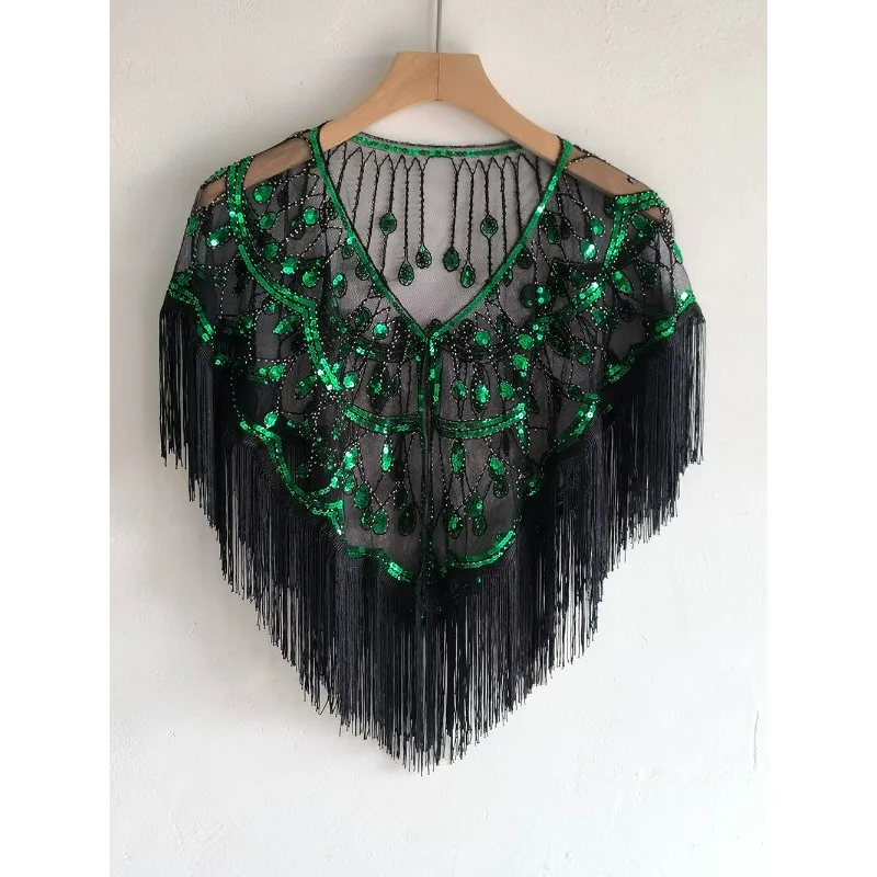 Tassel Sleeveless V-neck Sequined Mesh Perspective New 2024 Summer Gorgeous Cape Loose Outer Wear Versatile Thin Shawl Warp