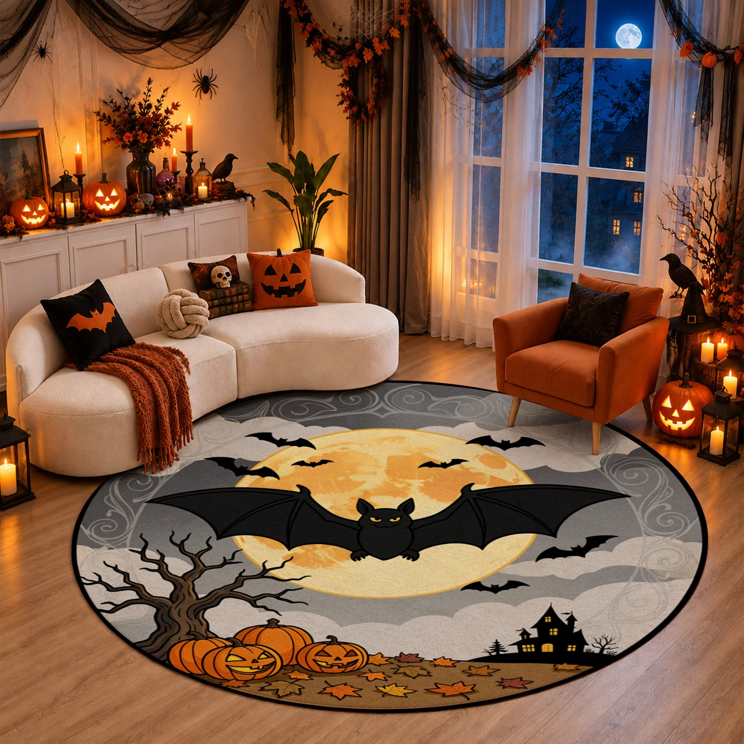 Spooky Halloween Bat Pumpkin Moon Haunted House Design Round Velvet Rug Machine Washable Living Room Bedroom Entryway Halloween Thanksgiving Christmas New Year Black Friday Cyber Monday