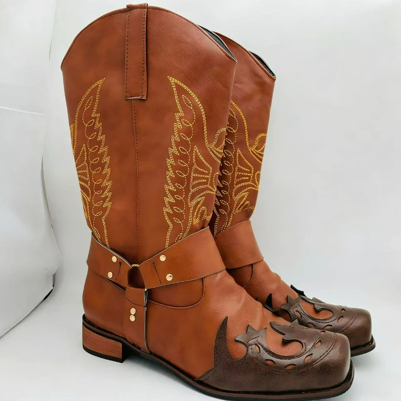 Men's Boots Leather Cowboy Boots Retro Embroidery Buckle Strap Mid-calf Boots Outdoor Men Shoes Handmade Square Toe Knight Boot