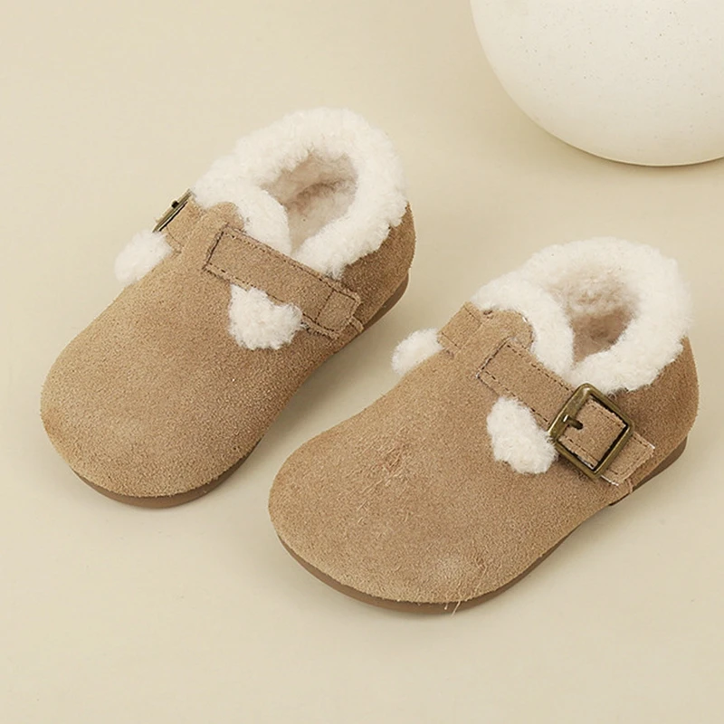 

12-19cm Shallow Genuine Leather Winter Shoes Toddler Girls Boys Little Kids Warm Velvet Casual Shoes 0-6Years Children Flats