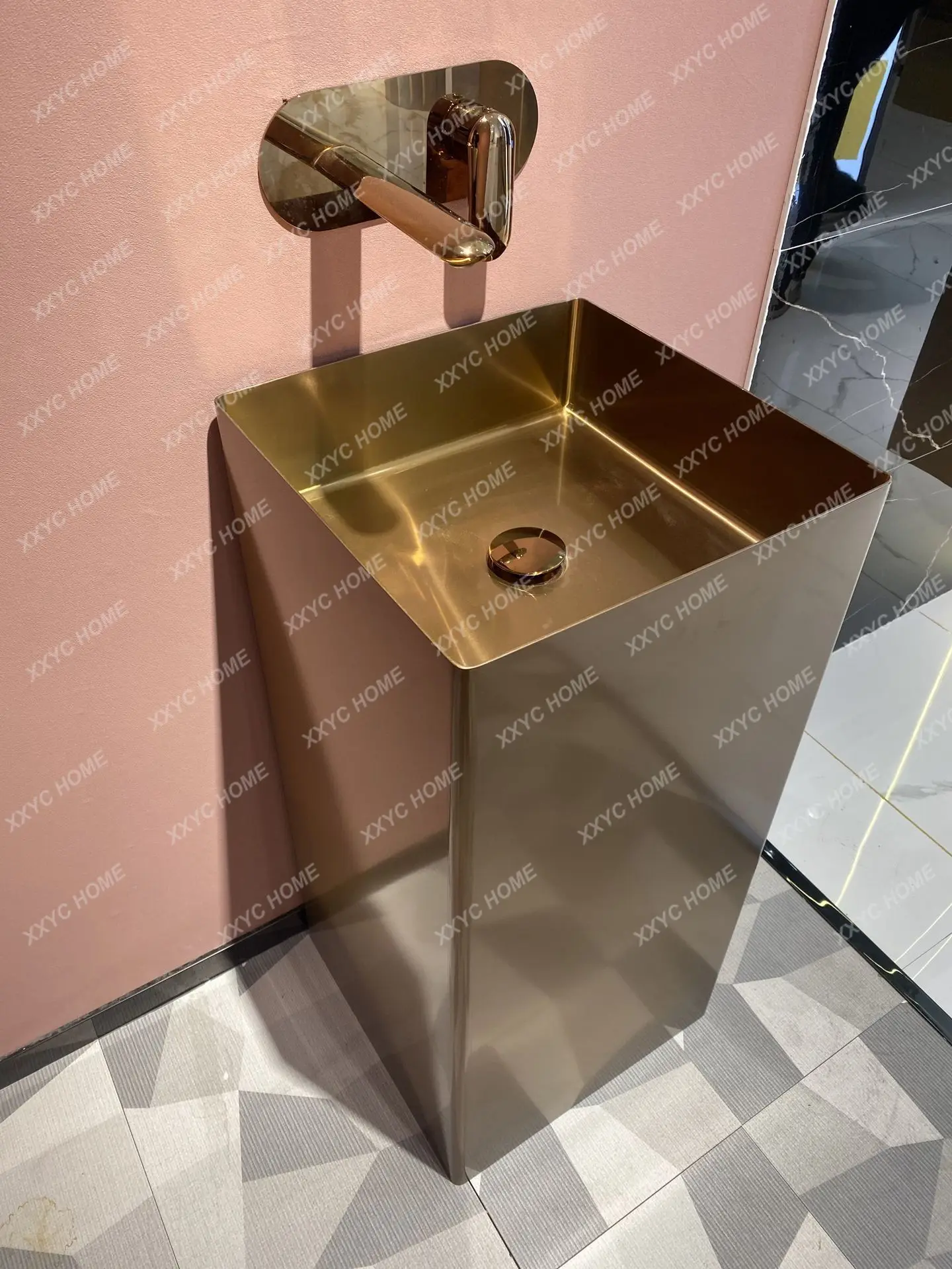 Rose Gold Stainless Steel Column Type Washbasin Hotel Wash Basin Integrated Square Floor Type