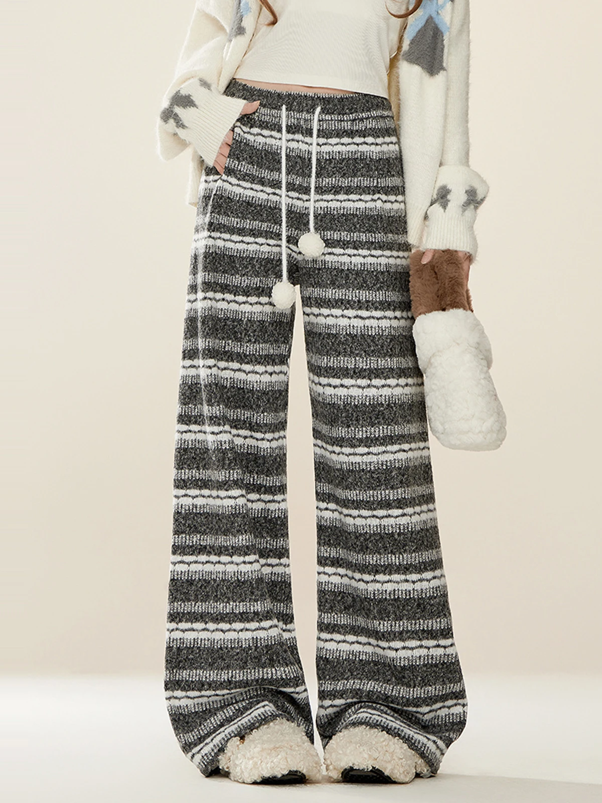 

ENJOG Retro Striped Color Blo Casual Pants Women's High Waist Drapey Home Versatile Floor-Length Trousers Loose Fit Straigh...