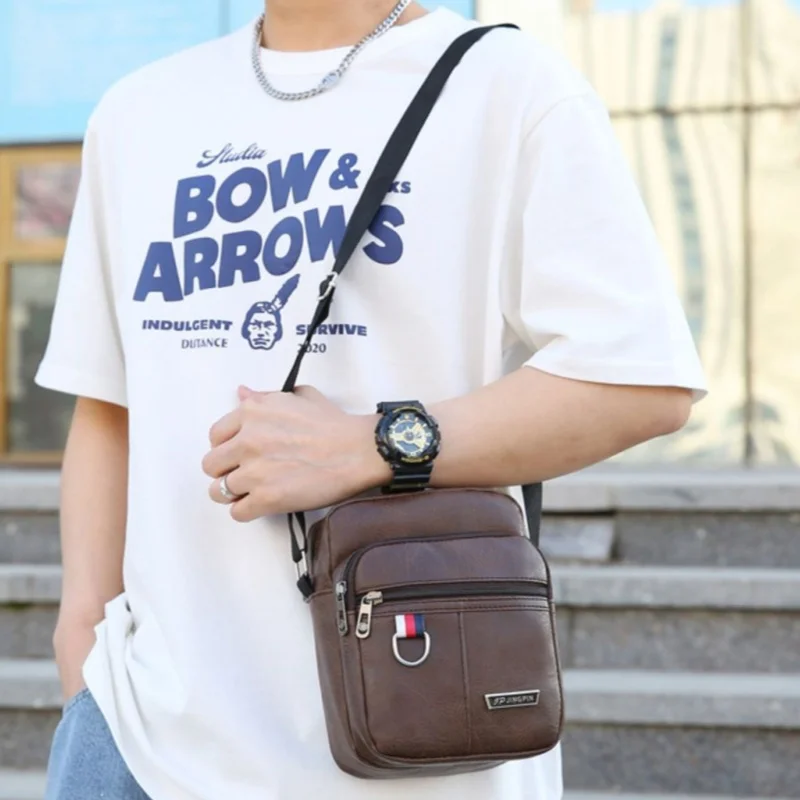 Mens Vintage Leather Crossbody Bag with Multi Zipper Pockets, Adjustable Strap Sling Purse for Commute Casual Shoulder Purse