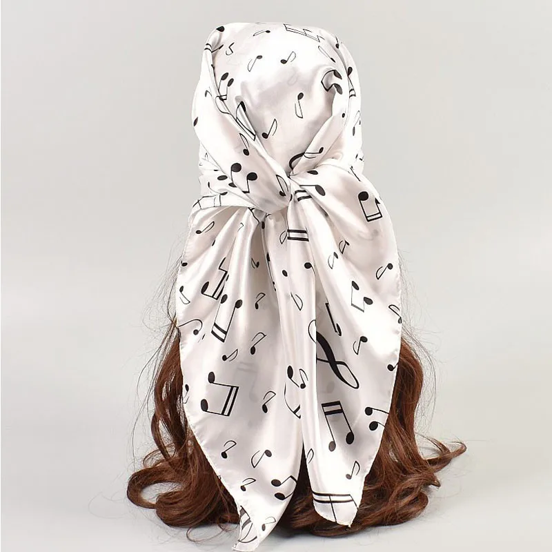 White Music Pattern Square Silk Scarf Women Print Scarves Satin Shawl Wrap Hijab Female Headband Bandana Foulard Neckerchief