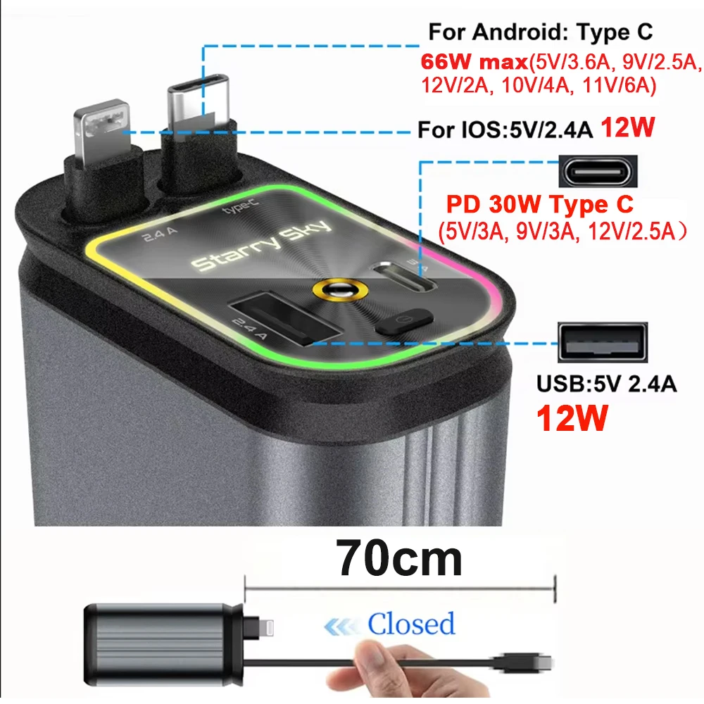 120 واط قابل للسحب شاحن سيارة شاحن سريع USB + PD30W محول الطاقة 4 في 1 شاحن الهاتف مع سقف النجوم للهاتف IOS أندرويد