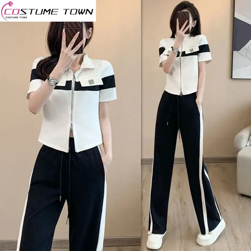 Summer New Korean Fashion Wide Leg Pants Set with Spliced Zipper Large Women's Casual Sports Crop Pants Set of Two