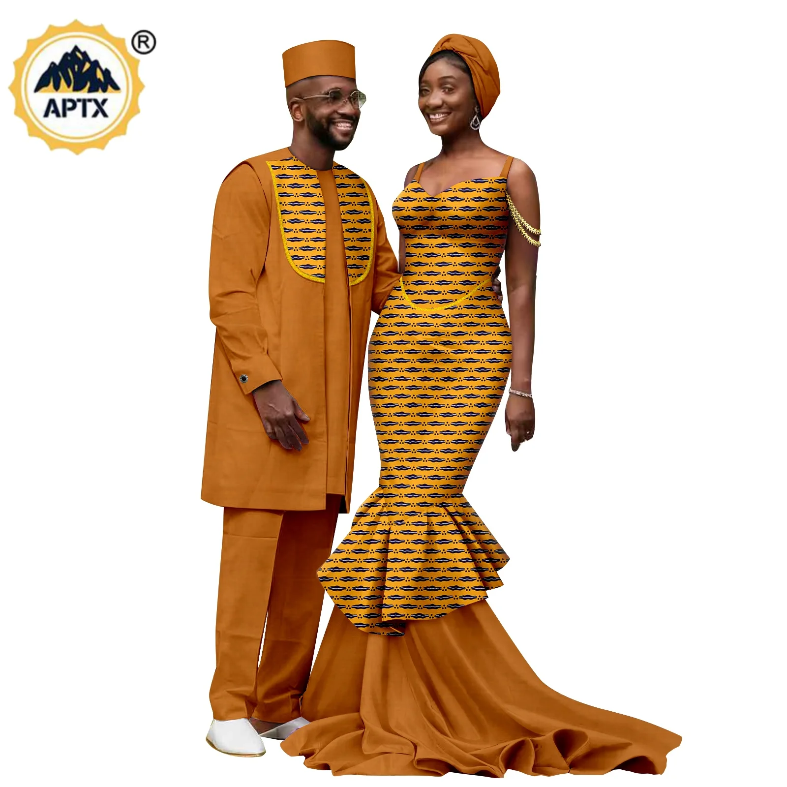 African Ruffles Beading Print Dresses with Headwrap for Women Matching Couple Outfits Dashiki Men Hat Top and Pant Sets 25C102