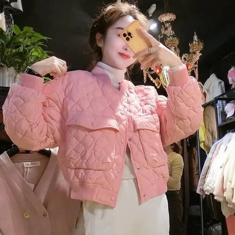 Fashionable Cotton-Padded Stand Collar Jacket For Women Autumn/Winter New Arrival Loose-Fit Pink Coat Trendy Cotton Ensemble