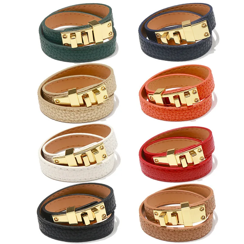 Kirykle High Quality Luxury Leather Bangles for Women Easy Buckle Multicolour Wide Leather Bracelet Daily Commuter Accessories