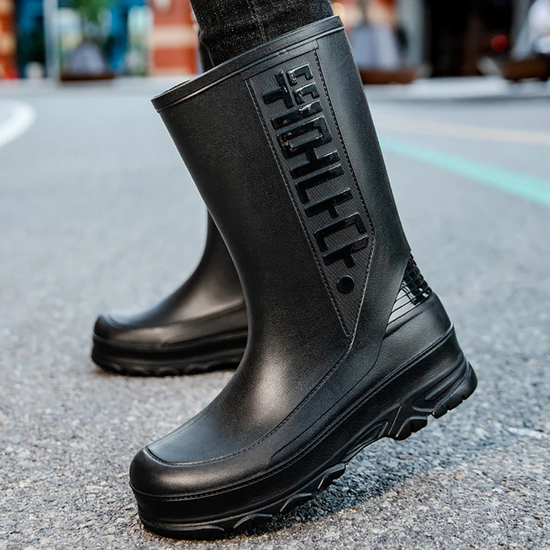 Fashion Men's Rain Shoes Waterproof Boots Comfortable Mid Calf Boots Rainproof Work Water Shoes Non-Slip Drawstring Rubber Boots