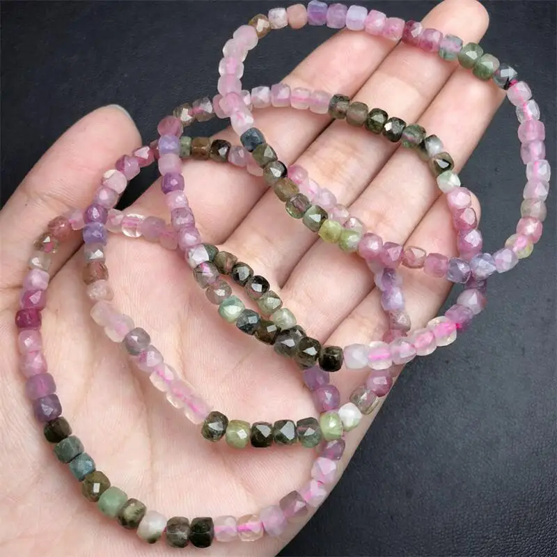 4MM Natural Tourmaline Cube Bracelet Handmade Crystal Quartz Jewelry Stretch Bangle Children Birthday Gift 1PCS