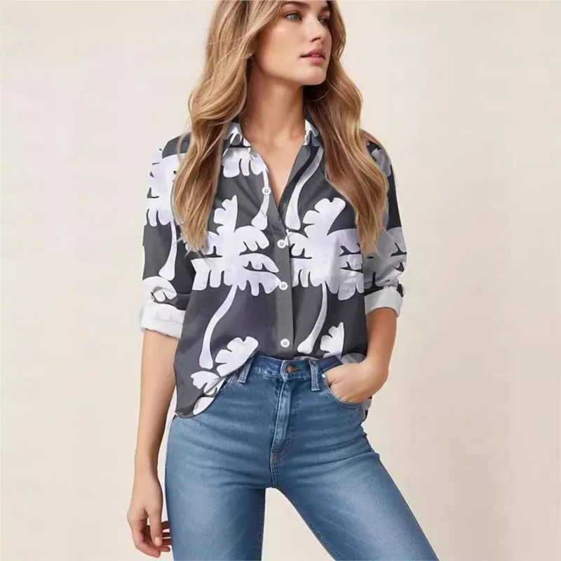 Fashionable Women's Long Sleeved Blouse Elegant Daily 2024 Autumn New Item Button Coconut Tree 3D Digital Printed Loose Blouses